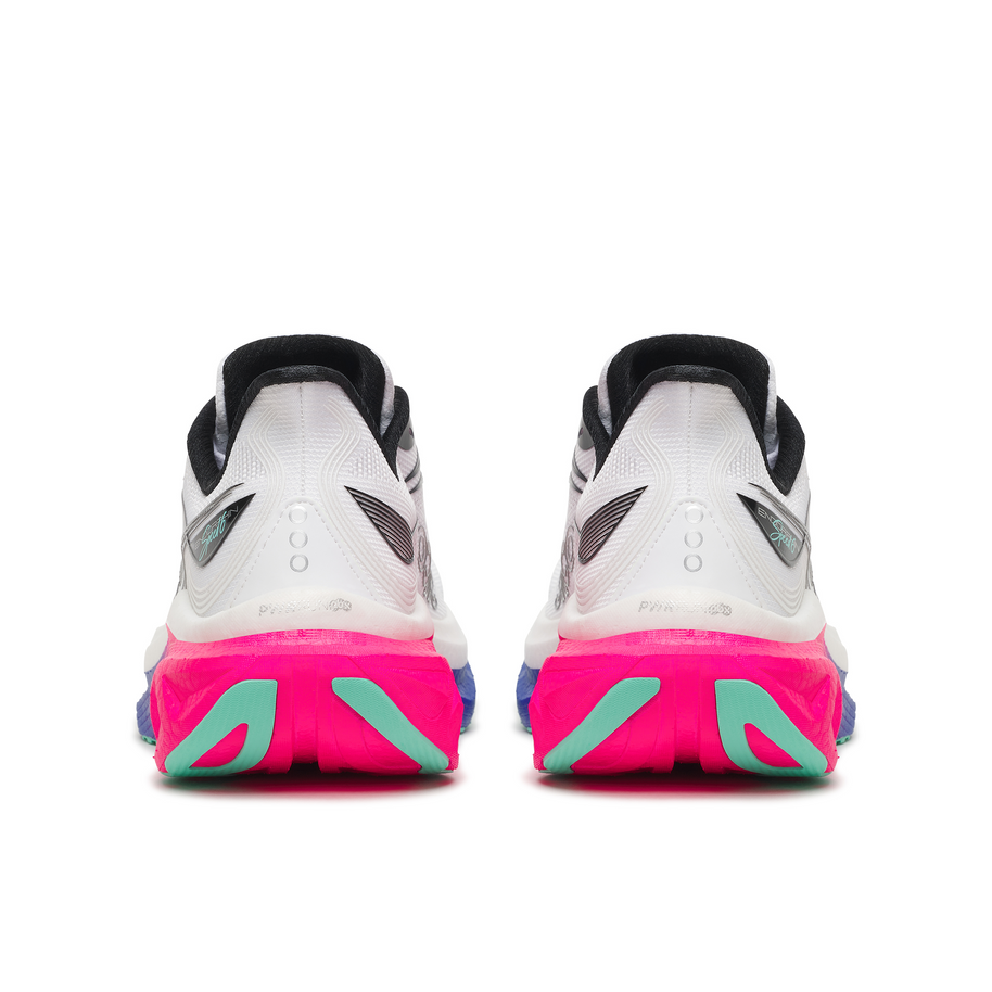 Back heel view of a pair of Saucony Endorphin Speed 6 men's shoes in White/Laser with pink midsole