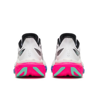 Back heel view of a pair of Saucony Endorphin Speed 6 men's shoes in White/Laser with pink midsole