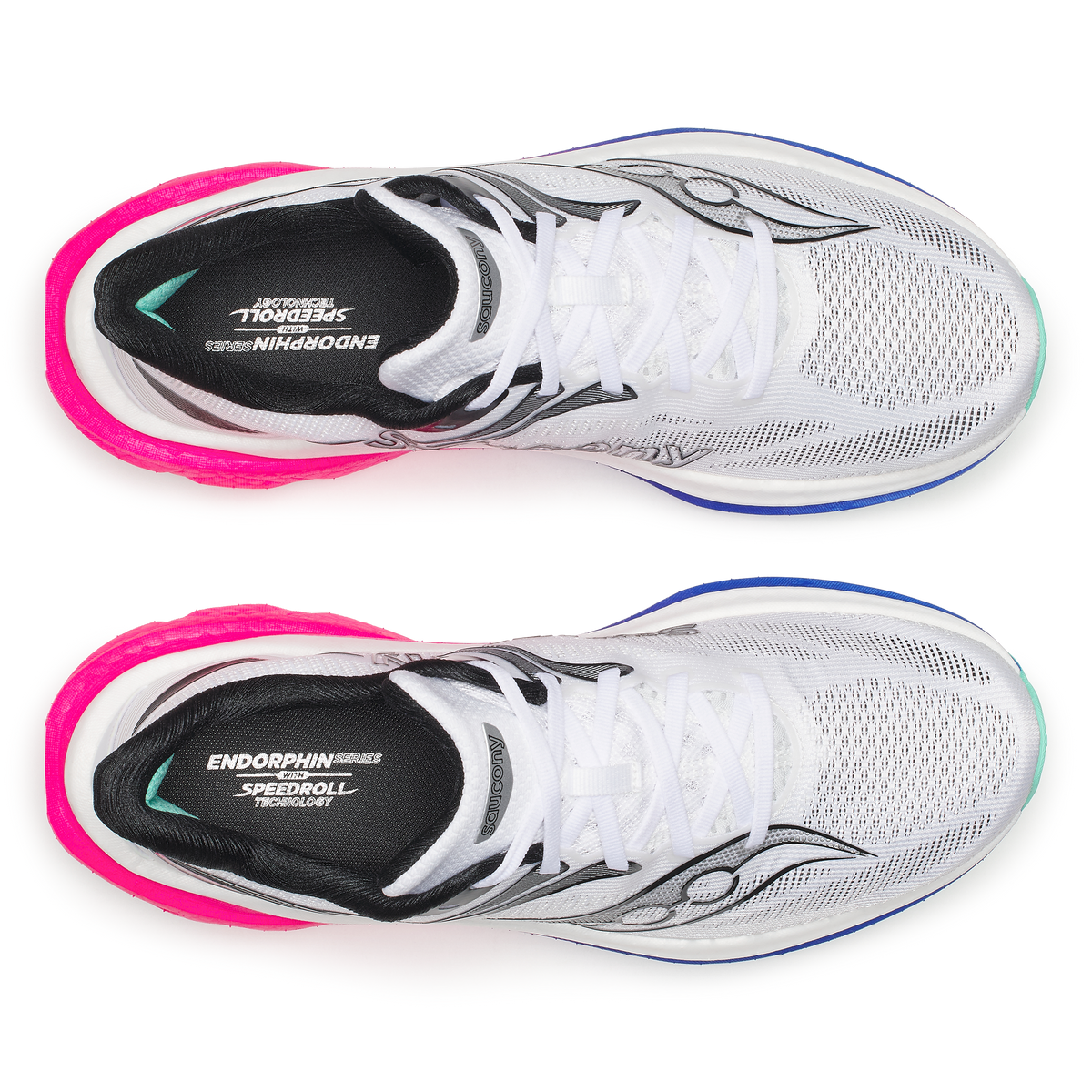 Top-down view of a pair of Saucony Endorphin Speed 6 men's shoes in White/Laser with black insoles