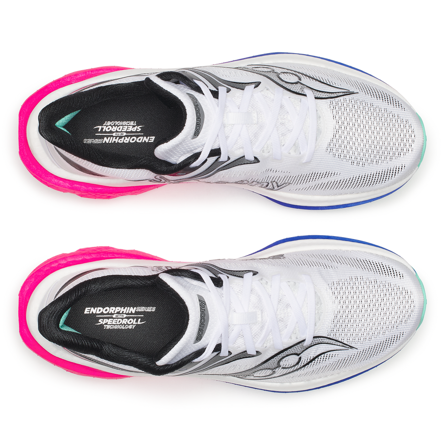 Top-down view of a pair of Saucony Endorphin Speed 6 men's shoes in White/Laser with black insoles