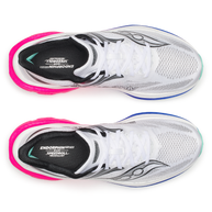 Top-down view of a pair of Saucony Endorphin Speed 6 men's shoes in White/Laser with black insoles
