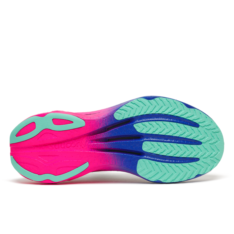 Outsole of the Saucony Endorphin Speed 6 men's shoe in White/Laser, pink, blue and teal rubber