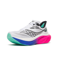 Saucony Endorphin Speed 6 men's running shoe in White/Laser, front three-quarter view with teal outsole