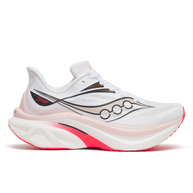 Saucony Endorphin Speed 6 women's road running shoe in White/Chic, side view with pink and red midsole