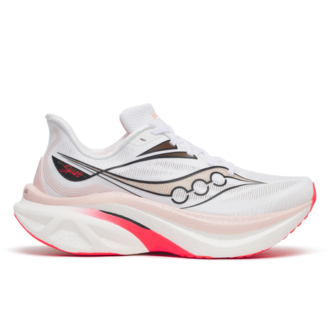 Saucony Endorphin Speed 6 women's road running shoe in White/Chic, side view with pink and red midsole