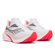 Pair of Saucony Endorphin Speed 6 women's running shoes in White/Chic, front three-quarter view