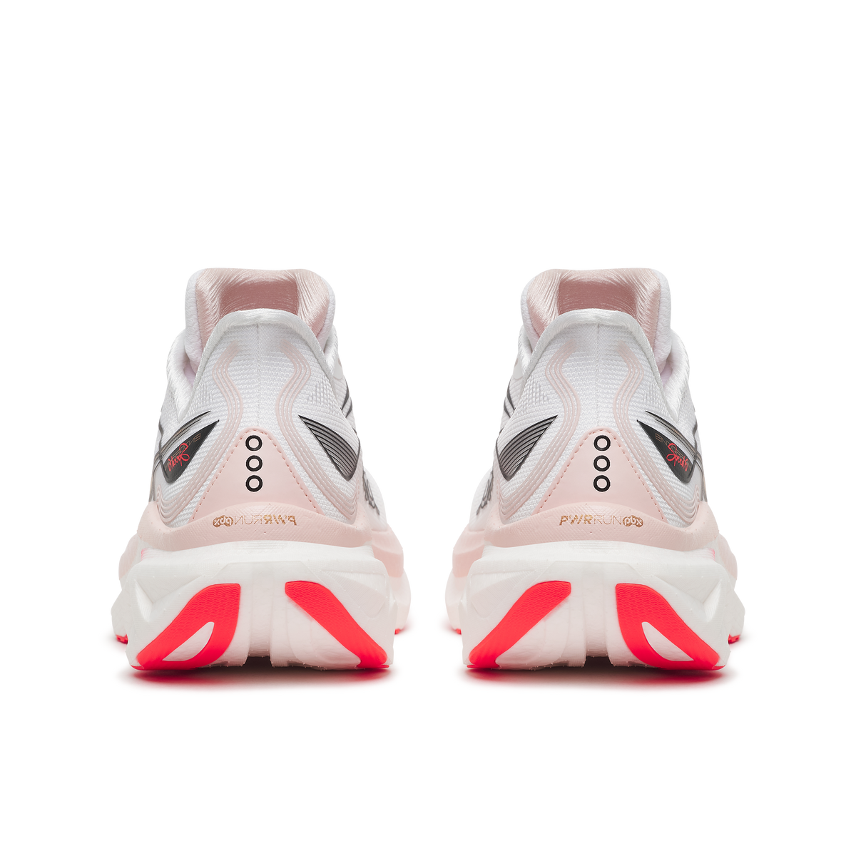 Back heel view of a pair of Saucony Endorphin Speed 6 women's shoes in White/Chic with red outsole