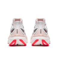 Back heel view of a pair of Saucony Endorphin Speed 6 women's shoes in White/Chic with red outsole