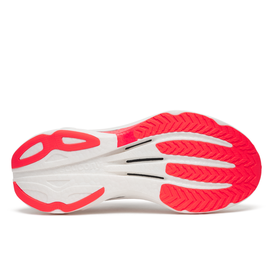 Outsole of the Saucony Endorphin Speed 6 women's shoe in White/Chic, white foam with bright red rubber