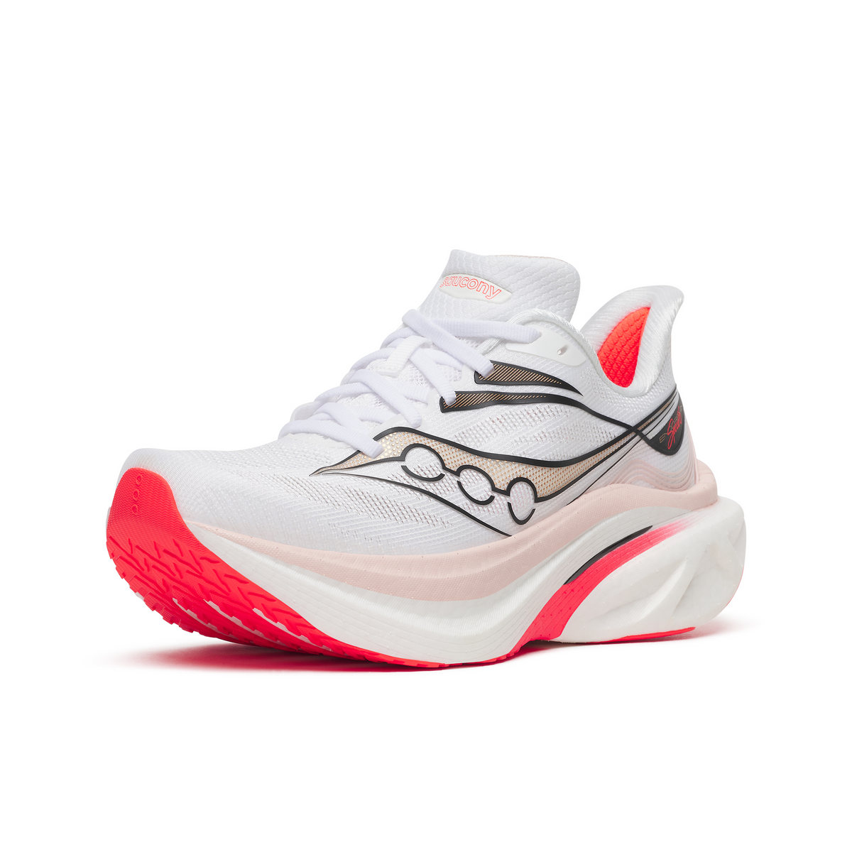 Saucony Endorphin Speed 6 women's road running shoe in White/Chic, inner side view with red forefoot