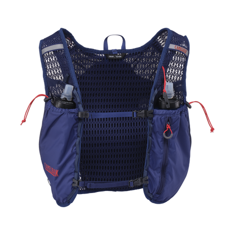 CamelBak Trail Run Vest 34oz (5.5L) in navy blue, front view with two soft flasks and red drawcords