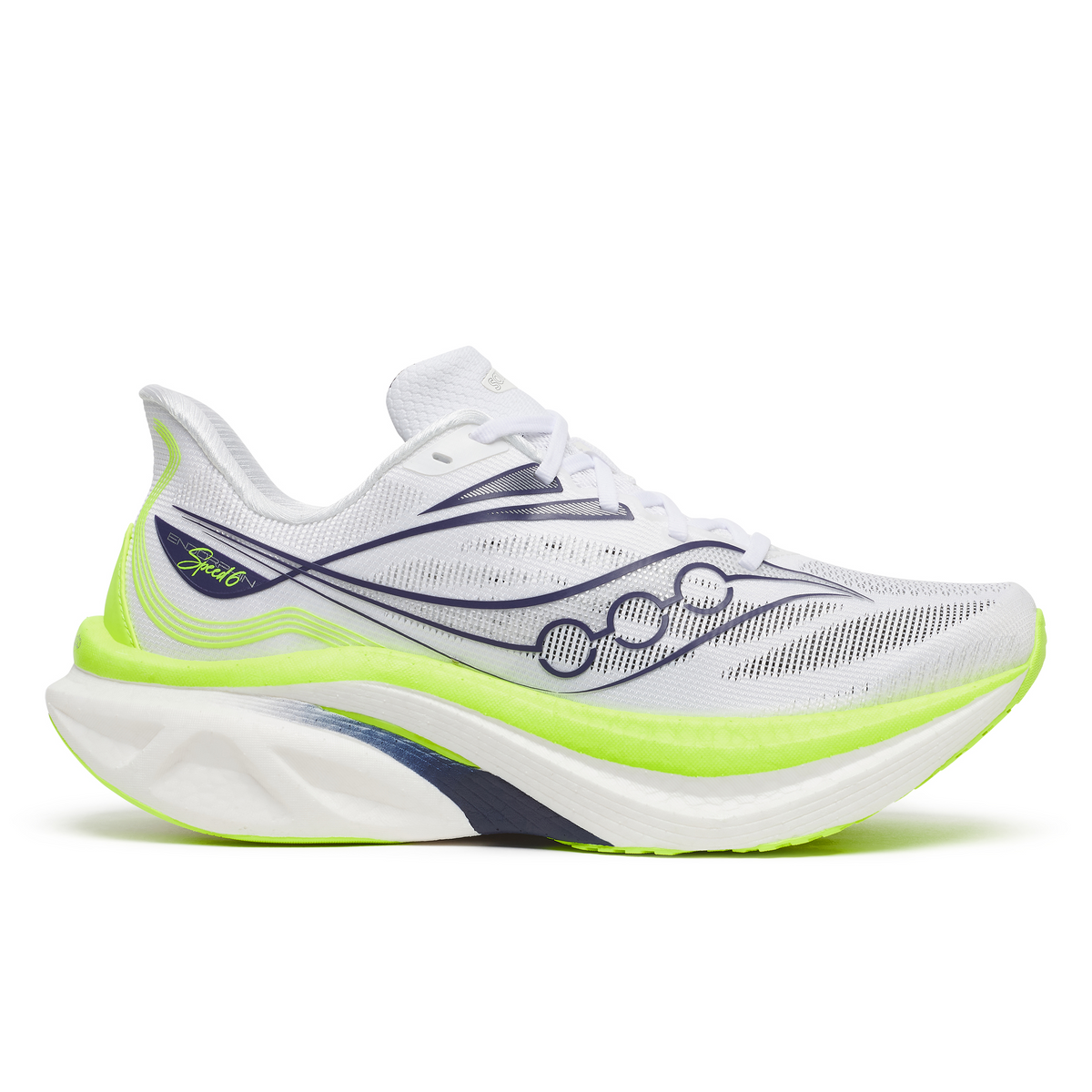 Saucony Endorphin Speed 6 men's road running shoe in White/Citron, side view with neon yellow midsole band