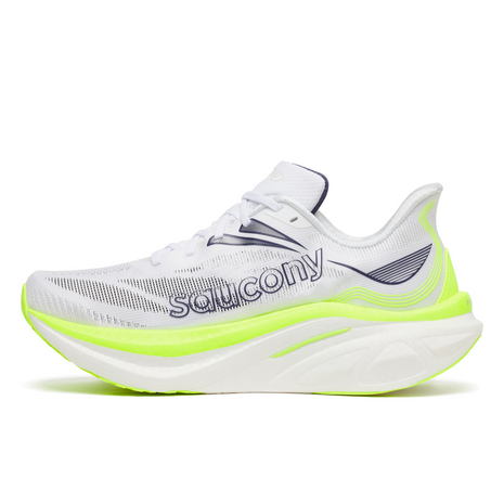Saucony Endorphin Speed 6 men's road running shoe in White/Citron, inner side view with Saucony logo