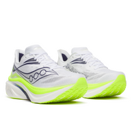 Pair of Saucony Endorphin Speed 6 men's running shoes in White/Citron, front three-quarter view