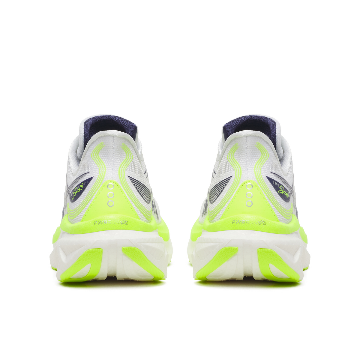 Back heel view of a pair of Saucony Endorphin Speed 6 men's shoes in White/Citron