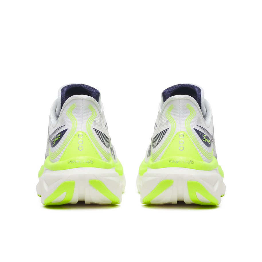 Back heel view of a pair of Saucony Endorphin Speed 6 men's shoes in White/Citron