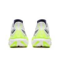 Back heel view of a pair of Saucony Endorphin Speed 6 men's shoes in White/Citron