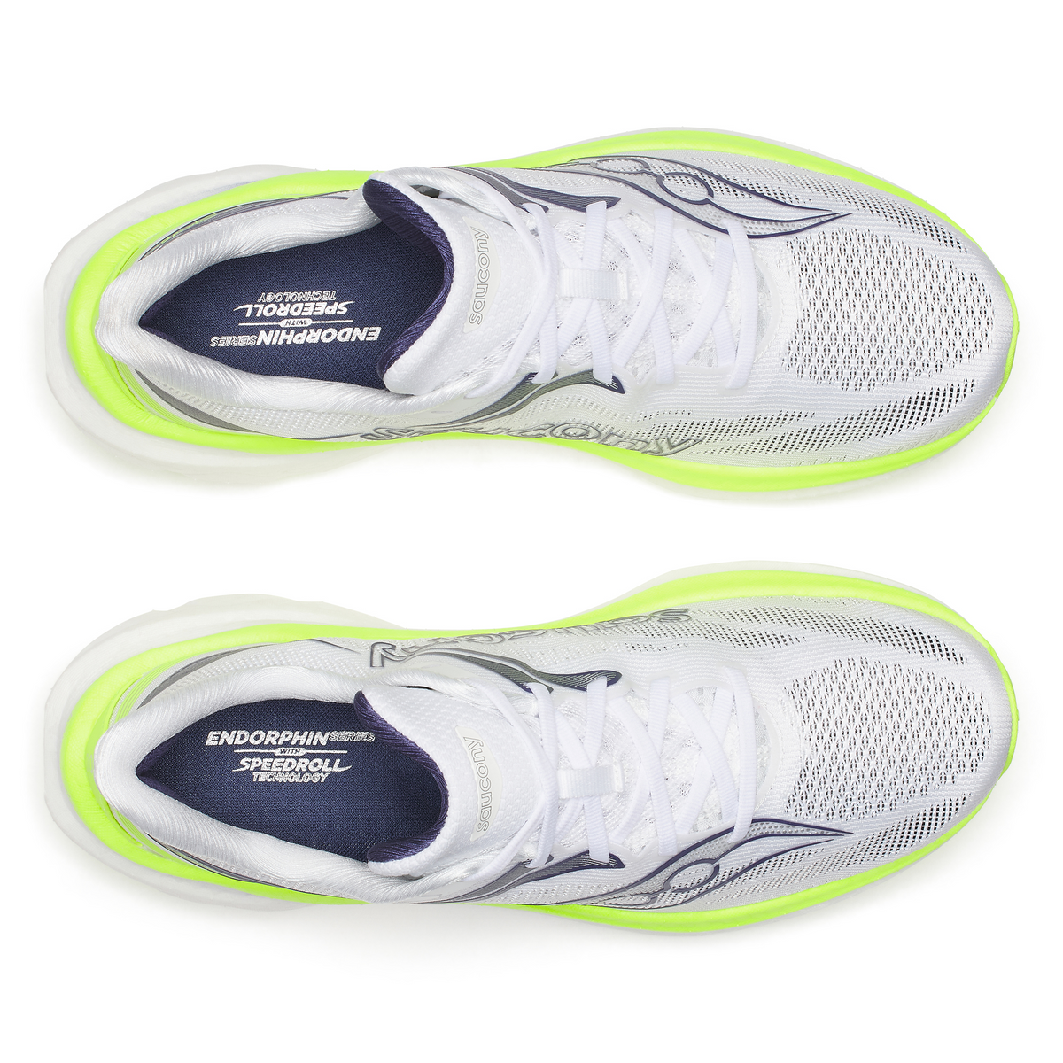 Top-down view of a pair of Saucony Endorphin Speed 6 men's shoes in White/Citron with navy insoles
