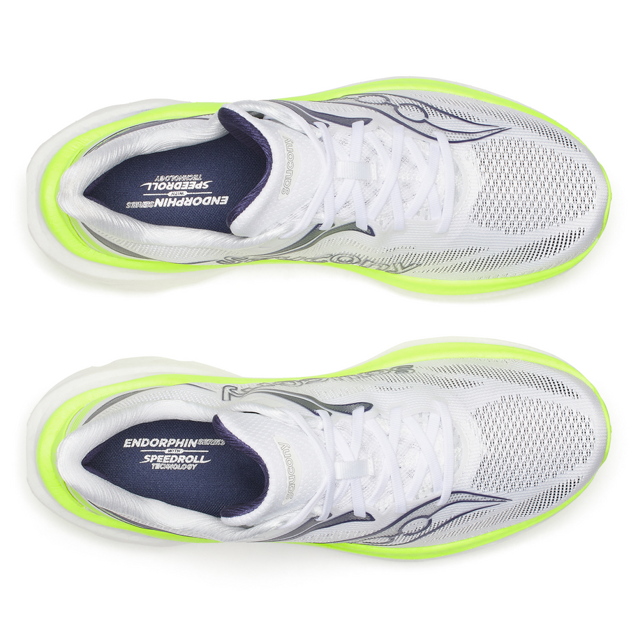 Top-down view of a pair of Saucony Endorphin Speed 6 men's shoes in White/Citron with navy insoles
