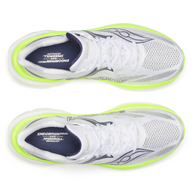 Top-down view of a pair of Saucony Endorphin Speed 6 men's shoes in White/Citron with navy insoles