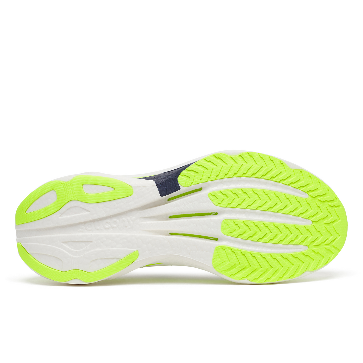Outsole of the Saucony Endorphin Speed 6 men's shoe in White/Citron, white foam with neon yellow rubber