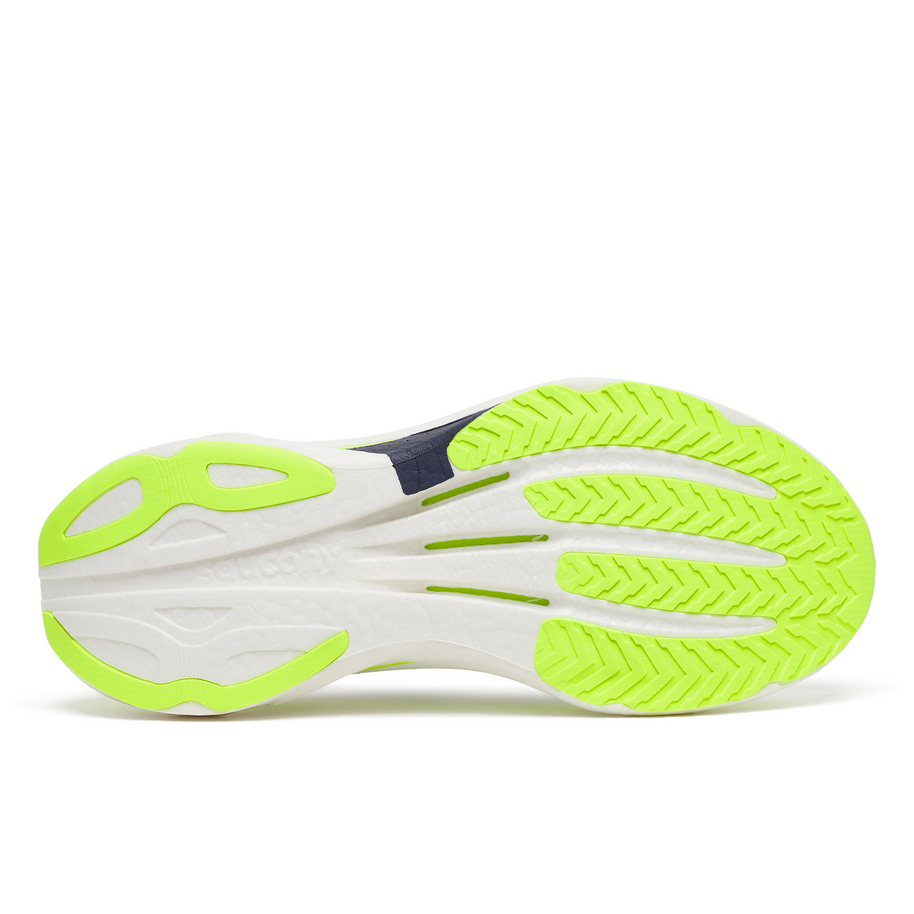 Outsole of the Saucony Endorphin Speed 6 men's shoe in White/Citron, white foam with neon yellow rubber