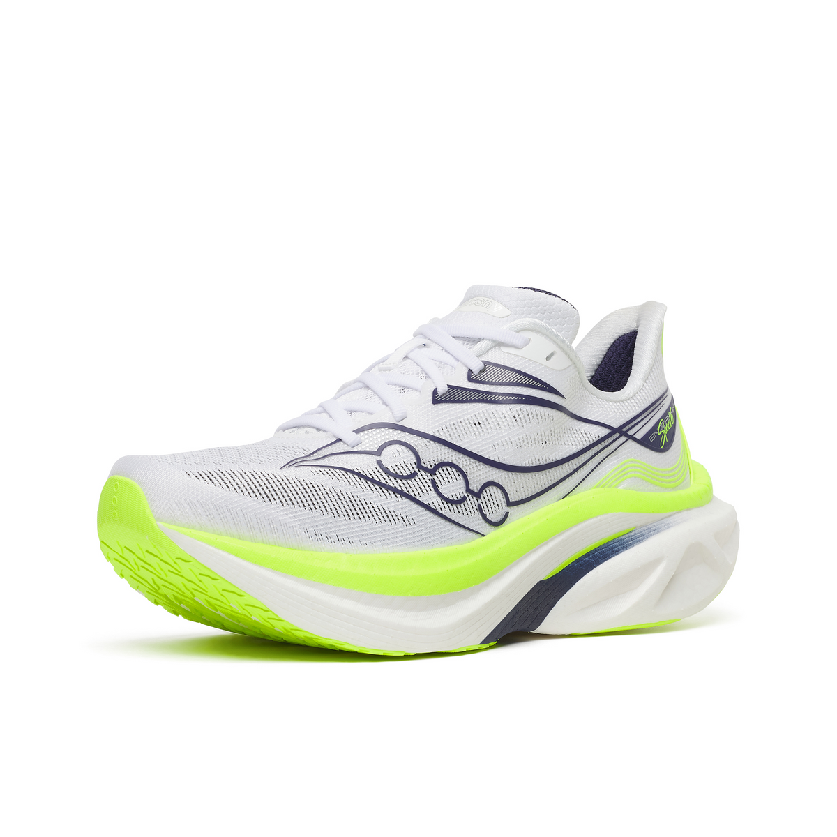 Saucony Endorphin Speed 6 men's running shoe in White/Citron, front three-quarter view with white laces