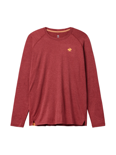 Rabbit EZ Tee LS men's long sleeve running tee in Garnet, red heather with gold logo, flat front view