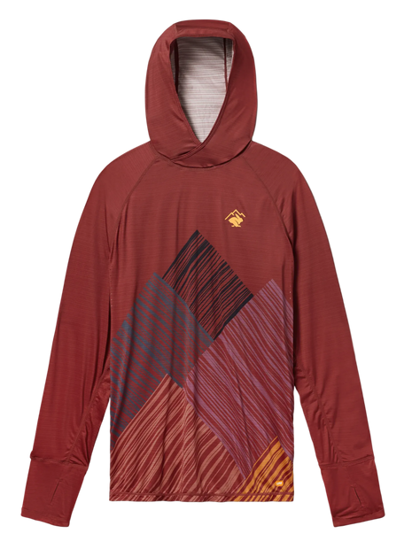 Rabbit UPF Deflector 2.0 men's hooded top in Garnet Mountain, rust red with a striped mountain print, flat front view