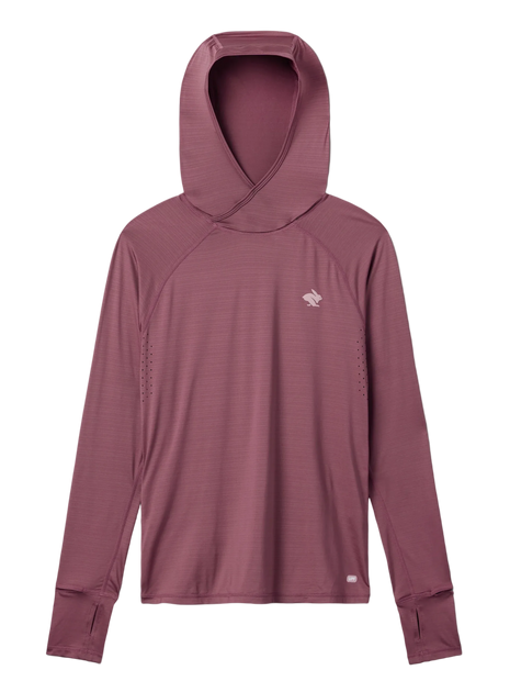 Rabbit UPF Deflector 2.0 women's hooded long-sleeve top in Hawthorn Rose, flat front view of mauve hoodie