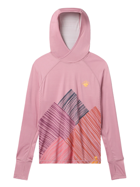 Rabbit UPF Deflector 2.0 women's hooded top in Foxglove Mountain, pink with a striped mountain print on the front