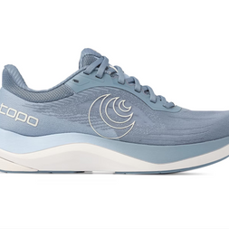 Topo Ultrafly 6 women's road running shoe in Blue/White, side view of light blue upper with white midsole