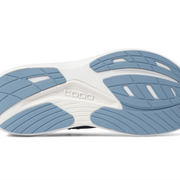 Outsole of the Topo Ultrafly 6 women's road running shoe in Blue/White with blue rubber pads