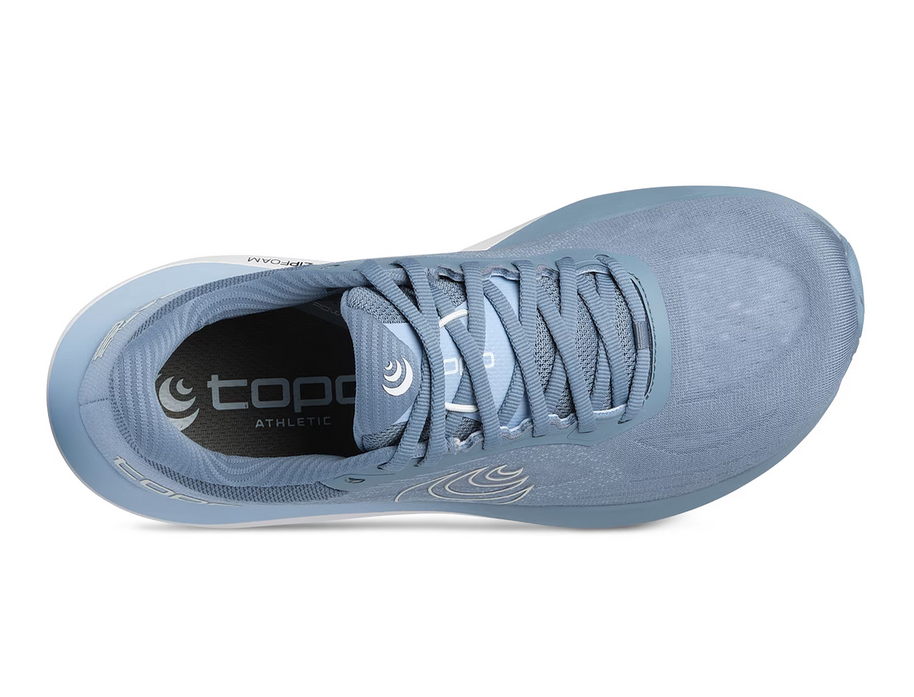 Top-down view of a single Topo Ultrafly 6 women's road running shoe in Blue/White with Topo insole