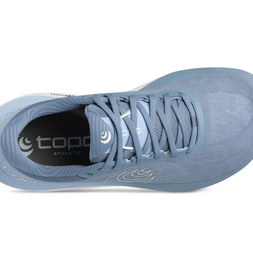 Top-down view of a single Topo Ultrafly 6 women's road running shoe in Blue/White with Topo insole