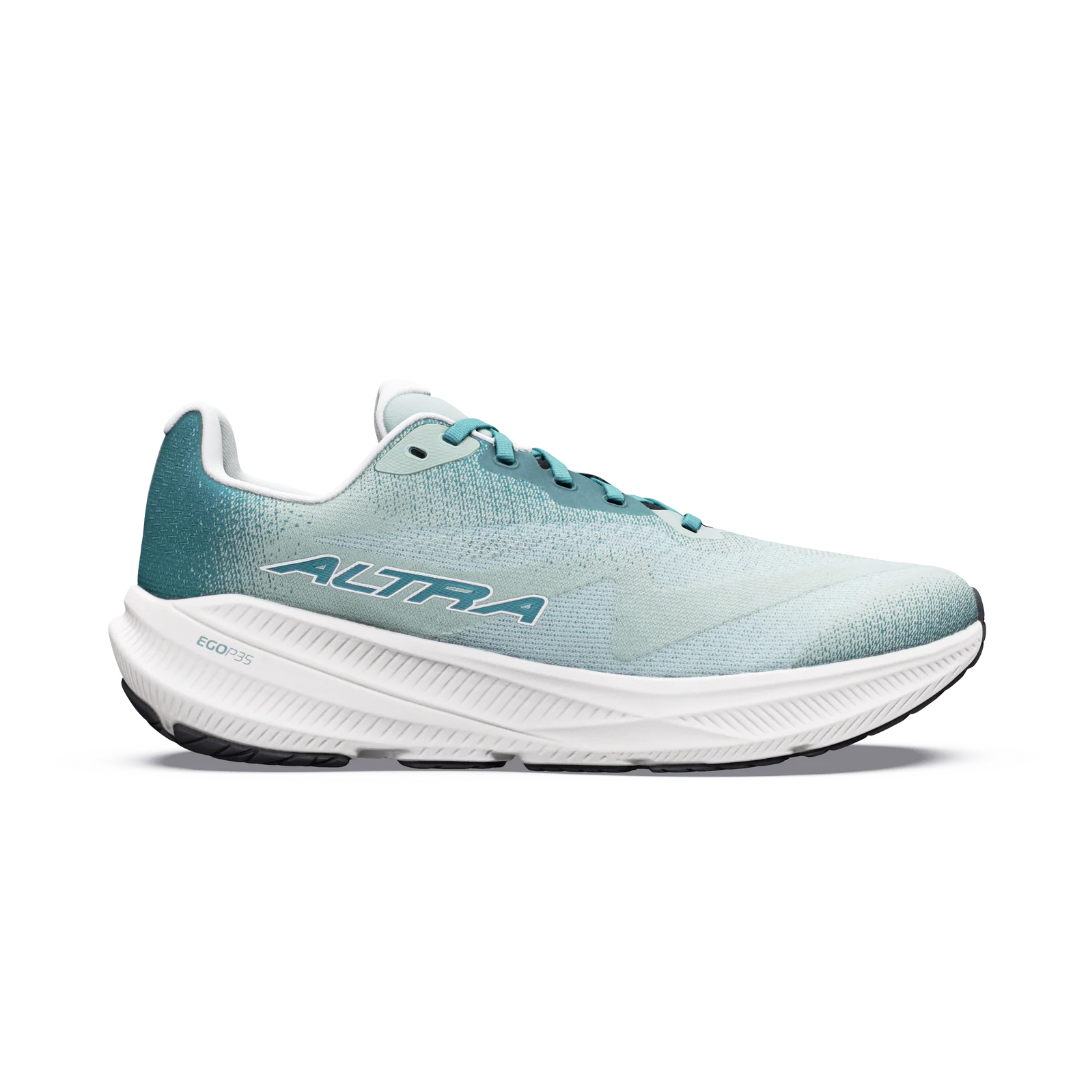 Altra Experience Flow 3 men's road running shoe in Green Milieu /Sea Pine/Vaporous Gray, side view of pale teal upper