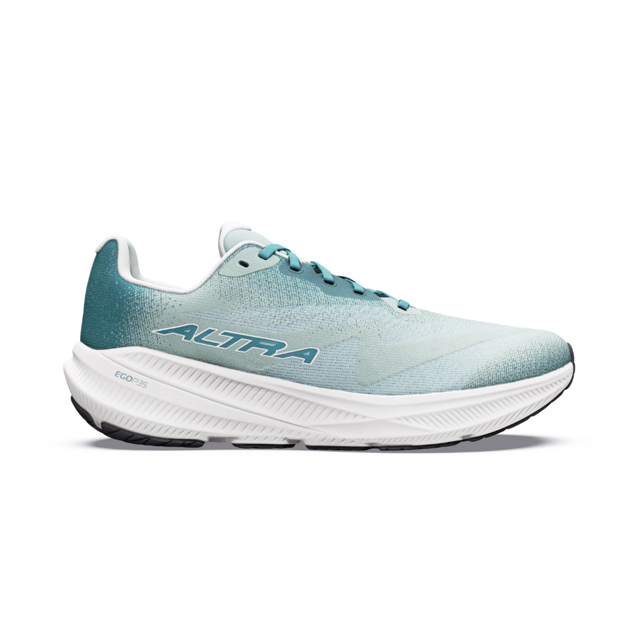 Altra Experience Flow 3 men's road running shoe in Green Milieu /Sea Pine/Vaporous Gray, side view of pale teal upper