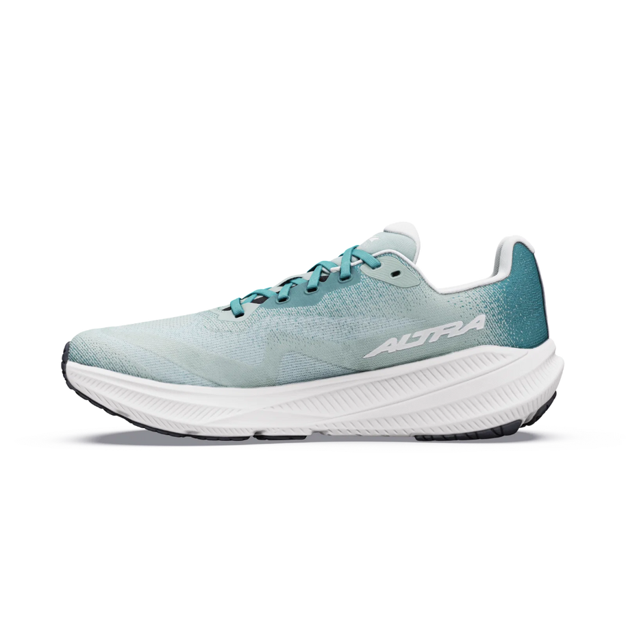 Inner side of the Altra Experience Flow 3 men's road running shoe in Green Milieu /Sea Pine/Vaporous Gray with teal laces