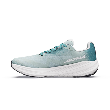 Inner side of the Altra Experience Flow 3 men's road running shoe in Green Milieu /Sea Pine/Vaporous Gray with teal laces