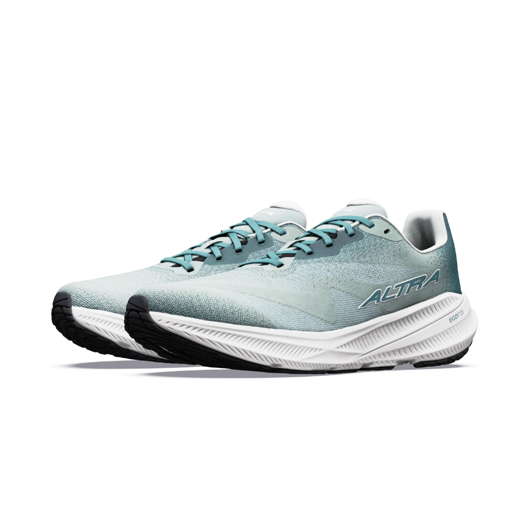 Pair of Altra Experience Flow 3 men's road running shoes in Green Milieu /Sea Pine/Vaporous Gray, front three-quarter view