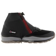 Kahtoola INSTAgaiter Low in Basalt, black gaiter with red zip fitted over a trail shoe, side view
