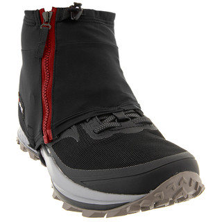 Kahtoola INSTAgaiter Low in Basalt on a trail shoe, front three-quarter view with red zip