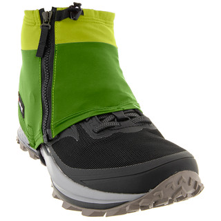 Kahtoola INSTAgaiter Low in Kiwi on a trail shoe, front three-quarter view with black zip