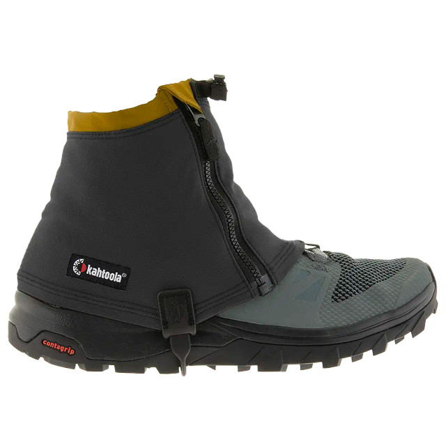 Kahtoola RENAgaiter Low in Raven, black gaiter with mustard cuff on a grey trail shoe, side view