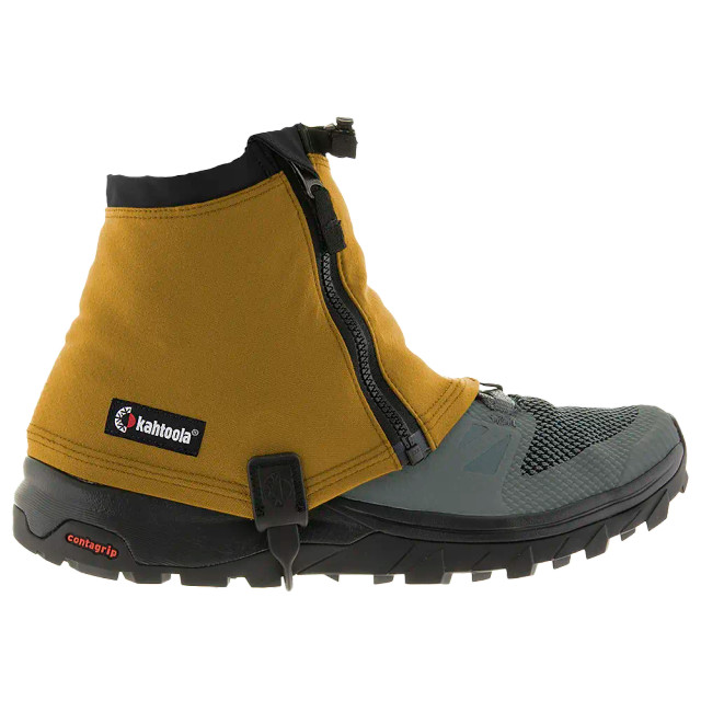 Kahtoola RENAgaiter Low in Curry, mustard gaiter with black trim on a grey trail shoe, side view