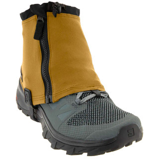Kahtoola RENAgaiter Low in Curry on a trail shoe, front three-quarter view with black zip
