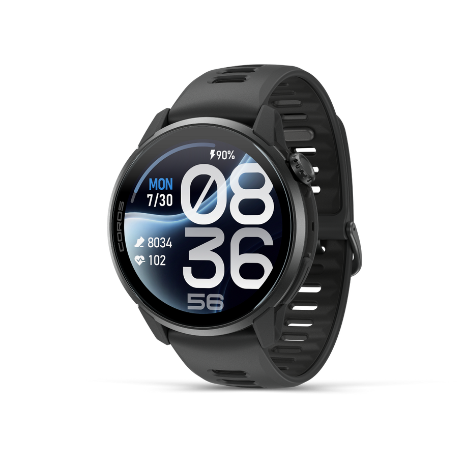 Coros Pace 4 Pro in Black Silicone, black GPS watch with black silicone band, front three-quarter view of the display