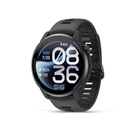Coros Pace 4 Pro in Black Silicone, black GPS watch with black silicone band, front three-quarter view of the display