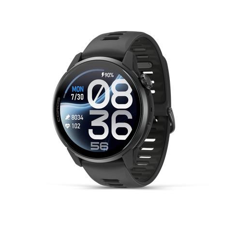 Coros Pace 4 Pro in Black Silicone, black GPS watch with black silicone band, front three-quarter view of the display