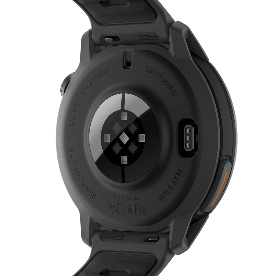 Back of the Coros Pace 4 Pro in Black Silicone showing the heart rate sensor and charging contacts